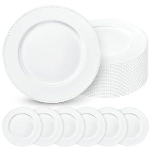 24 Pcs White Charger Plates with Beaded 13 Inch Plastic Charger Plates for Dinner Plate, White Chargers for Table Setting, Round Chargers Plate for Wedding Party Holiday Event Tabletop Decor