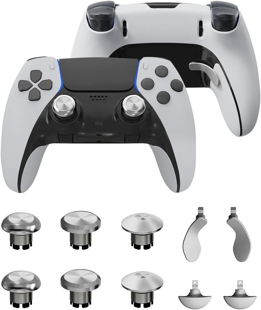 Metal Thumbsticks & Back Paddles for PS5 Edge Controller, Analog Thumb Sticks Caps Replacement Kit for PS5 Dual Sense Edge Stick Module, 6 Joysticks, 4 Back Buttons, Silver