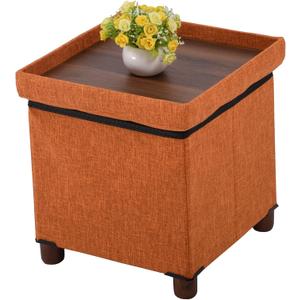 15 Inch Storage Ottoman with Wooden Legs - Cube Foot Rest Stool, Square Footstool, Comfortable Seat with Lid, Foldable Fabric Ottoman, Space-Saving Orange