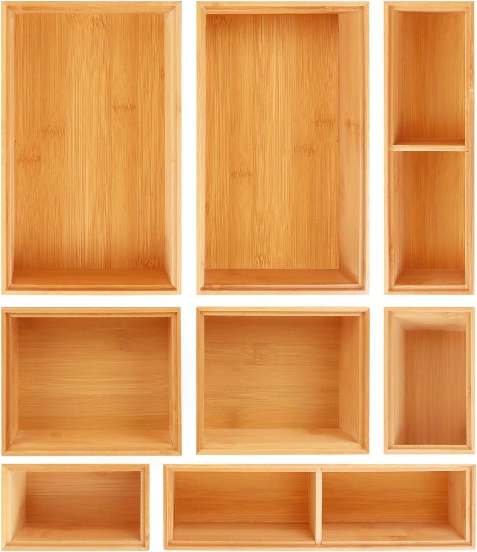 Bamboo Drawer Organizer Set, 8 PCS Multi-Use Wood Drawer Storage Boxes, Junk Drawer Organizer Divider Bins for Kitchen, Bathroom, Office Desk, Makeup, Jewelry, Utensils (Natural)