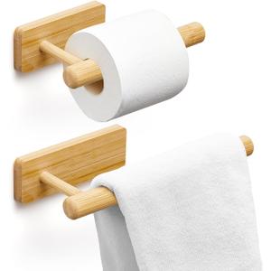 Maxcheck 2 Pcs Bamboo Toilet Paper Holder Wall Mounted Bathroom Towel Holder Wood Towel Rack Toilet Paper Holder and Towel Holder Set Wood Towel Bar Towel Hanger for Kitchen Living Room Bedroom
