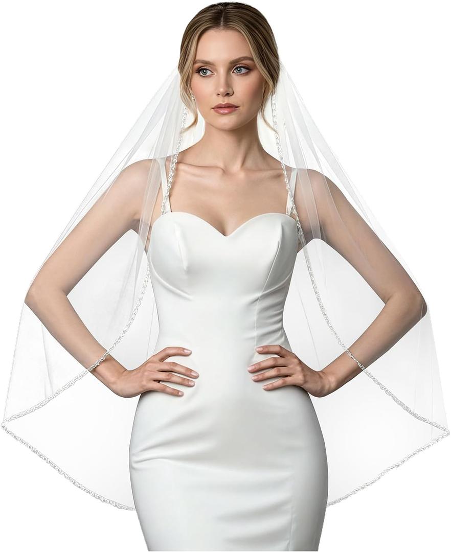 1 Tier Crystal Pearl Beaded Edge Bridal Wedding Veil Fingertip Length (White) 40"*63"