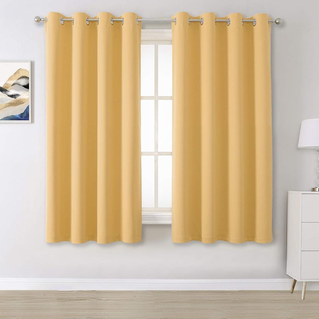 DUALIFE Yellow Solid Blackout Curtains for Bedroom 54 Inches Long Short Room Darkening Window Drapes Thermal Insulated Curtain Panels with Grommet 52W x 54L,2 Panels,Desert Mist