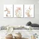 Grengel Pink Girl Nursery Bunny Canvas Wall Art Cute Rabbit Wildflowers Painting Pictures Wall Decor Botanical watercolor Flower Poster printing artwork For Baby Boys and Girls Playroom paintings, 24x16