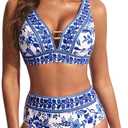 Hanna Nikole Womens High Waisted Bikini Sets Floral Print, 2 Piece Swimsuits Cutout, V Neck Bathing Suits Sexy Swimwear, Medium