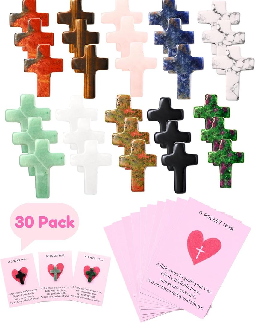 QianCannaor 30 Sets Cross Pocket Hug Cards with Natural Crystals  Faith-Based Valentine Bulk Gifts for Adults, Friends, Teachers & Loved Ones  Emotional & Inspirational Support, Encouragement, Valentines, Office & Holiday Gift (Cross 30Pcs)