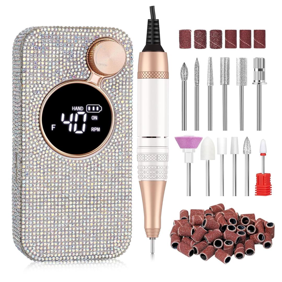 Electric Nail Drill,40000RPM Cordless Nail File Rechargeable with 12 Drill Bits for Acrylic Nails Gel Polishing,E File Nail Kit Machine for Manicure Salon Home AB Diamond