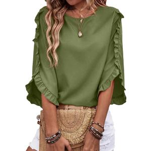 EVALESS 3/4 Length Sleeve Womens Tops Dressy Casual Blouses Crewneck Ruffle Sleeve Shirts Summer Outfits Business Work Tops M