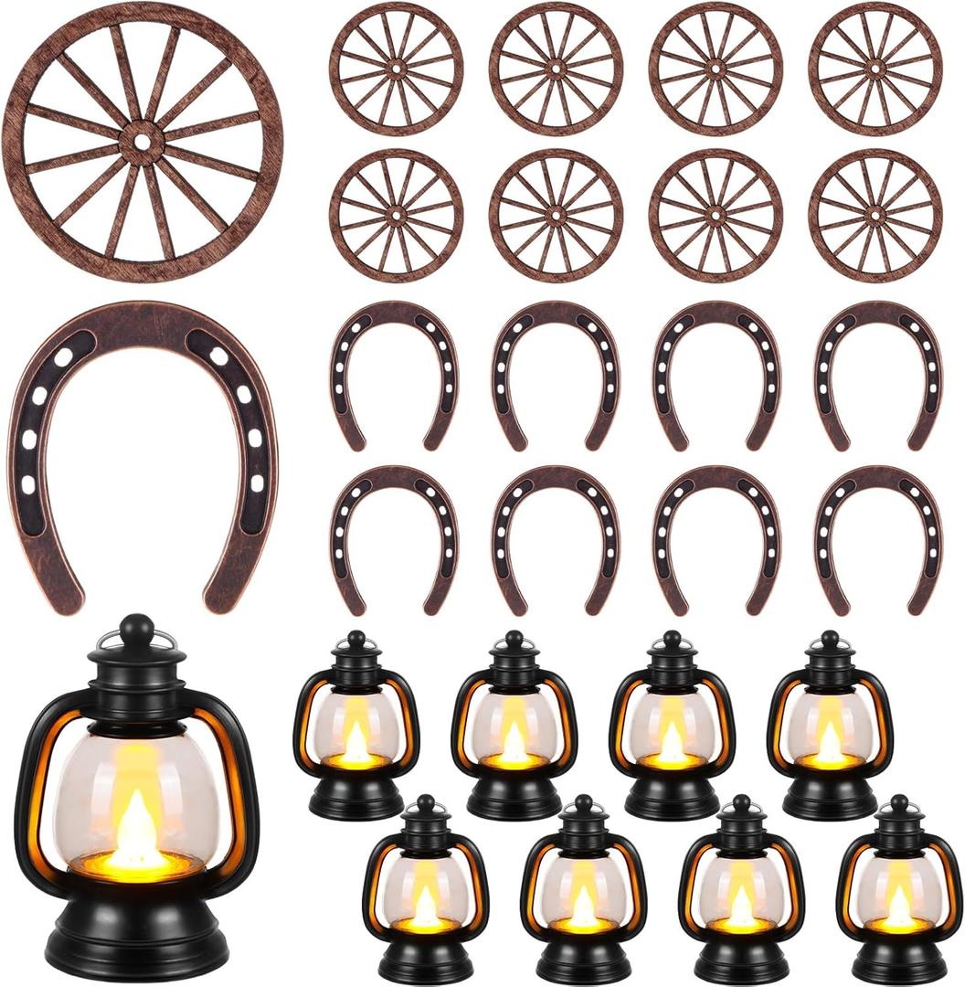 24 Pcs Western Themed Party Decorations Cowboy Table Centerpieces Lucky Horseshoe Mini Lantern Wooden Wagon Wheel Decor for Crafts Western Cowboy Party Birthday Wedding Favors Supplies