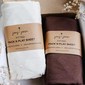 Joey + Joan Pack and Play Sheets Fitted – Compatible with 4moms Breeze Plus Playard and Other Large Playpen Mattress – Buttery Soft 100% Cotton – Cream + Brown – 2 Pack