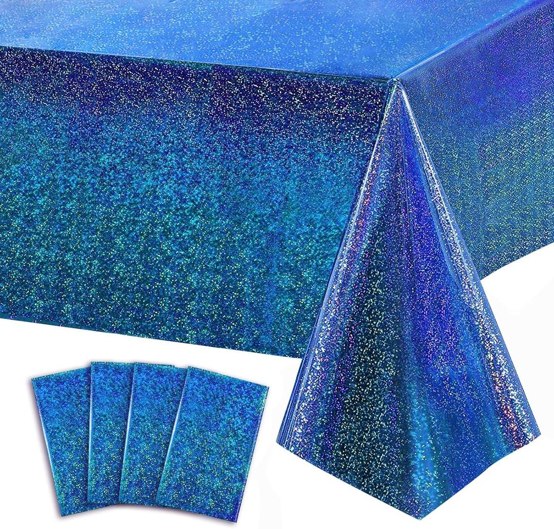 4 Pack Blue Iridescence Plastic Tablecloths Shiny Disposable Laser Table Covers 54" x 108" Sequin Holographic Foil Tablecloths for Birthday, Wedding, Party, Picnic, Buffet, Holiday Decorations