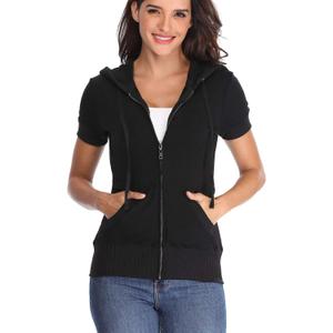 MISS MOLY Women's Short Sleeve Hoodie Full Zip Up Cotton Slim Fit Sweatshirt with Pocket (Black, XXL)