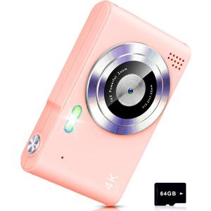 Digital Camera, Camera for Kids, UHD 4K 48MP Point and Shoot Digital Cameras with 64GB SD Card and 16X Digital Zoom Anti Shake, Compact Portable Small Gift for Boys Girls Students (Cherry Pink)