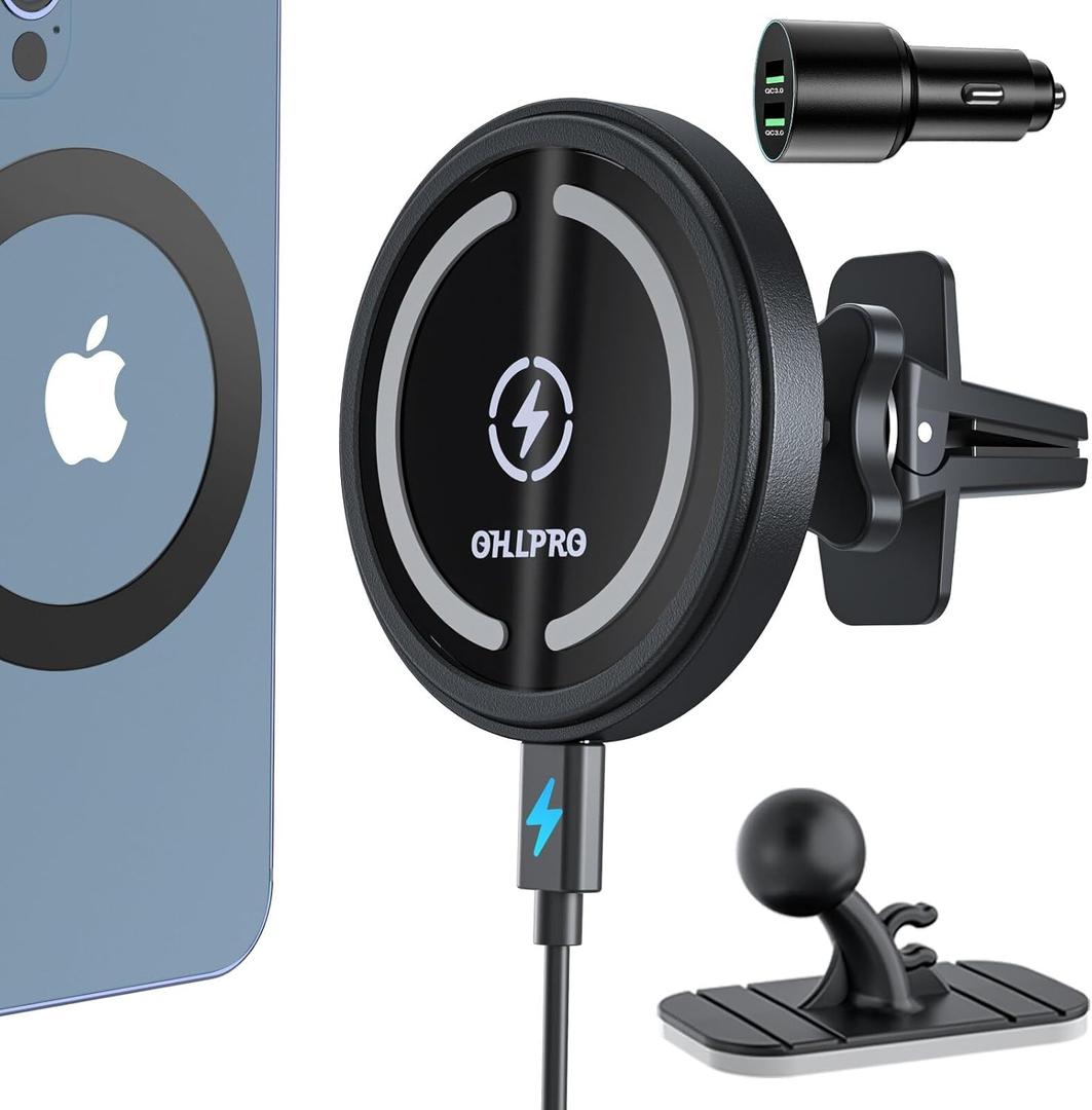 OHLPRO MagSafe Car Mount Charger, 15W QC 3.0 Fast Charging for iPhone 17 ProMax, Pro, Plus, 16, 15, 14, 13, 12 Series, Stick on Car Dashboard & Air Vent Phone Holder (Black)