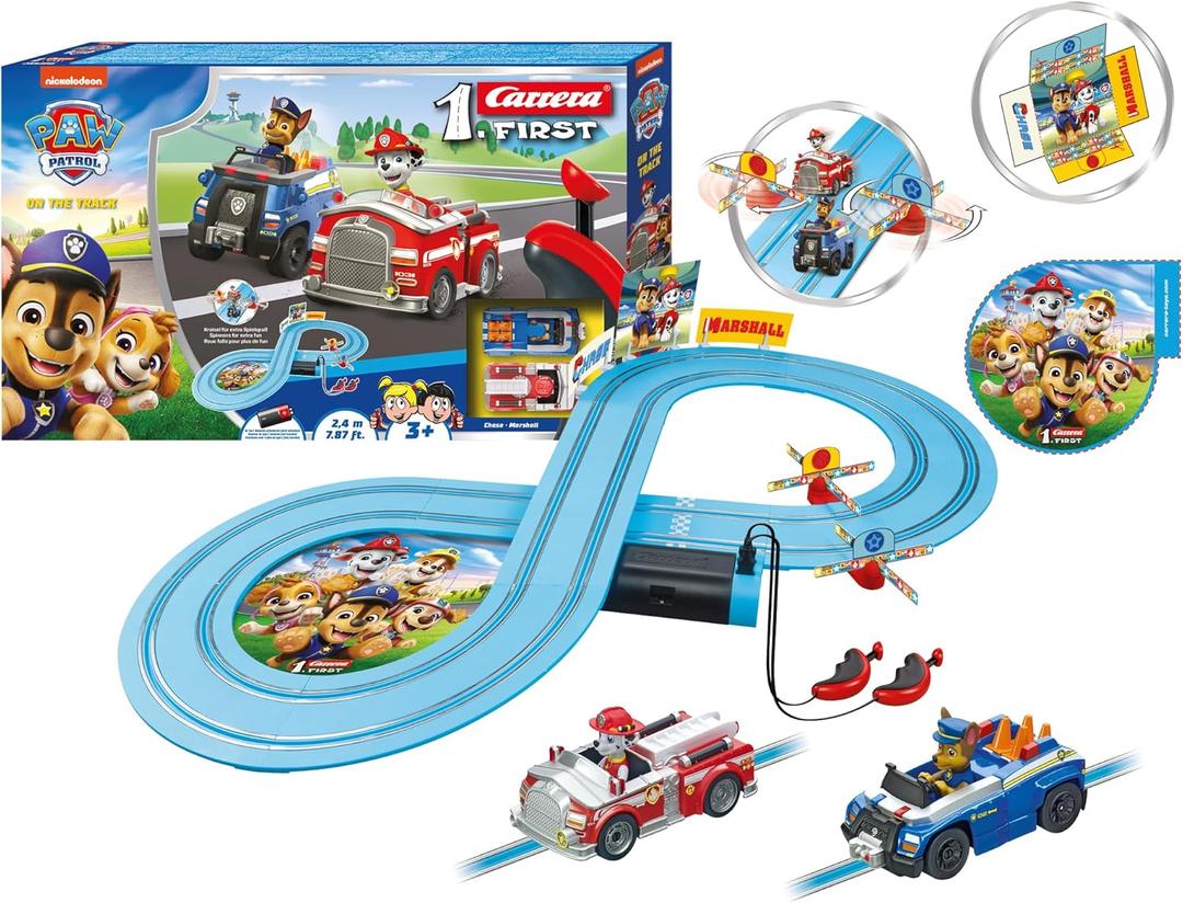 Carrera First PAW Patrol - On The Track Slot Car Race Track - Includes 2 Cars: Chase and Marshall - Battery-Powered Beginner Racing Set for Kids Ages 3 Years and Up