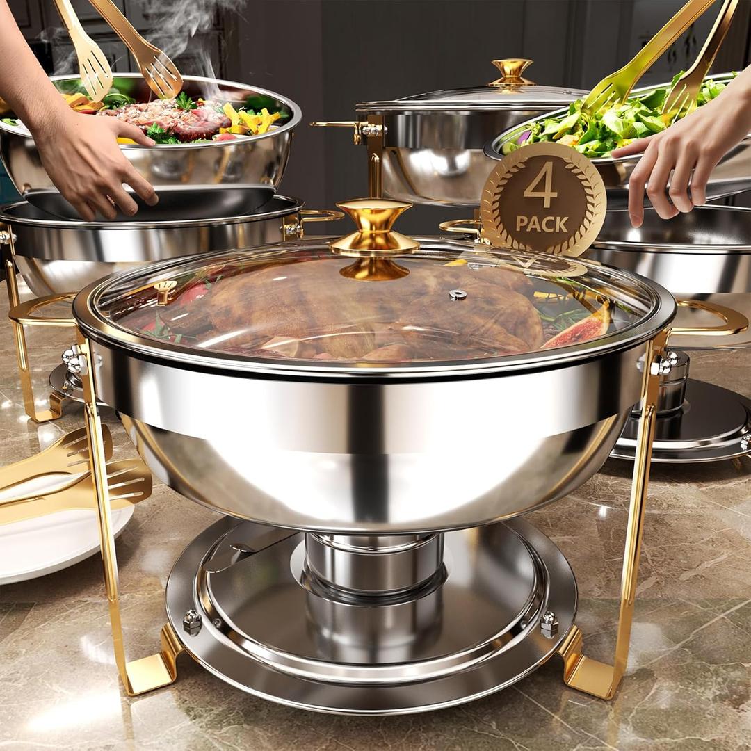 Chafing Dishes for Buffet 4 Pack, 3Qt and 5Qt High Grade Chafing Dish Buffet Set with Extra Food Pans and Serving Tongs, Chafing Dish with Glass Lid for Birthday, Wedding, Blue
