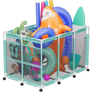 Pool Float Storage  Outdoor Pool Toy Storage Organizer for Pool Noodles, Toys, Floats, Balls, and Equipment, Mesh Rolling Storage Organizer Bin, Cyan