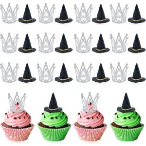 24 Pcs Witch Hat and Crown Cake Topper,Wicked Cake Topper and Wicked Cupcake Toppers,For Party, Birthday Cake, Craft Decoration