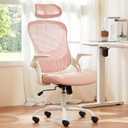 Sweetcrispy Home Office Computer Desk Chair, Ergonomic High-Back Mesh Rolling Work Chairs with Wheels and Adjustable Headrests, Comfortable Lumbar Support, Comfy Flip-up Arms for Bedroom,Study, Pink (Light Pink)