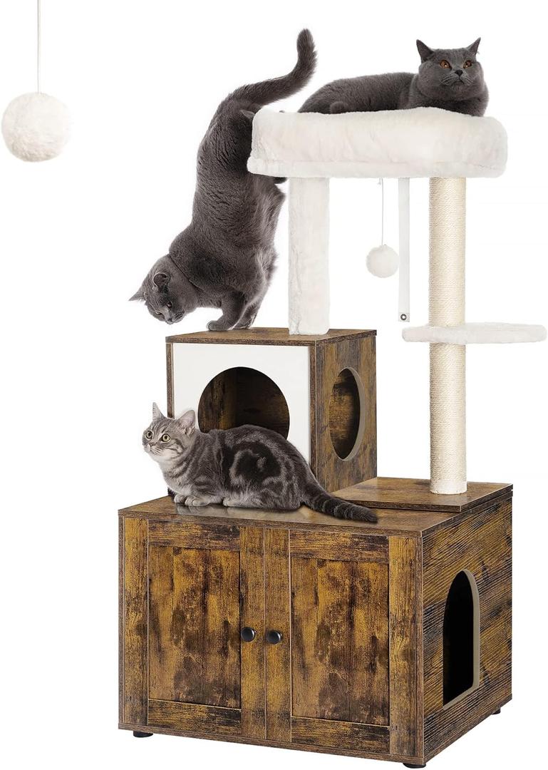 FourFurPets Multipurpose Litter Box Enclosure, Cat Tree and Condo, Side Table, with Large Platform, Cat House, Full Sisal Posts, Removable Washable Cushion, Rustic Brown (23.6"L x 19.5"W x 44.9"H)
