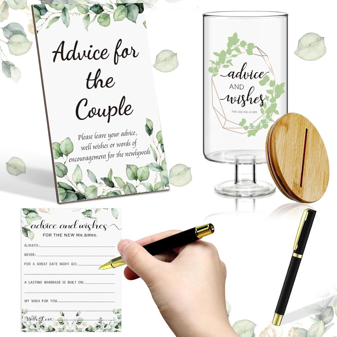 SiliFine 53 Pcs Advice and Wishes Cards Jar Greenery Bridal Shower Decoration Sage Green Wedding Keepsake Bridal Shower Games Wooden Wedding Sign Decorations for Reception