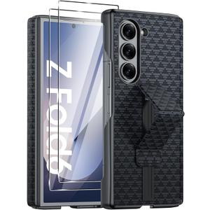 Vizvera for Galaxy Z Fold 6 Case Luxury Leather with Screen Protector 2 Pack, [Hinge Protection] Shockproof Leather Phone Case for Galaxy ZFold 6(Black)