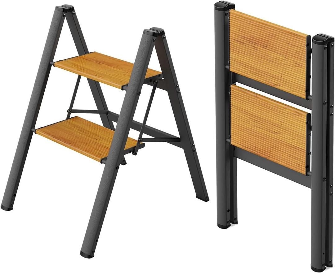 WOA WOA 2 Step Ladder, Foldable Step Stool, Aluminum Lightweight Ladder for Home Kitchen Closet, Anti-Slip Pedals, Ease of Folding, Portable, 300lbs Capacity - Black&Wood Grain