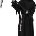 Boys Grim Reaper Halloween Costumes Kids Ghost Robe w/Glowing Red Eyes Mask and Sickle (4-6X, Black)