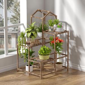 Tikea Small Plant Stand Indoor Outdoor Castle-shaped Plant Stand for Multiple Plants Wooden Plant Shelf Organizer Display Flowers Rack for Corner Living Room Balcony Patio (Model A 3 Tiers)