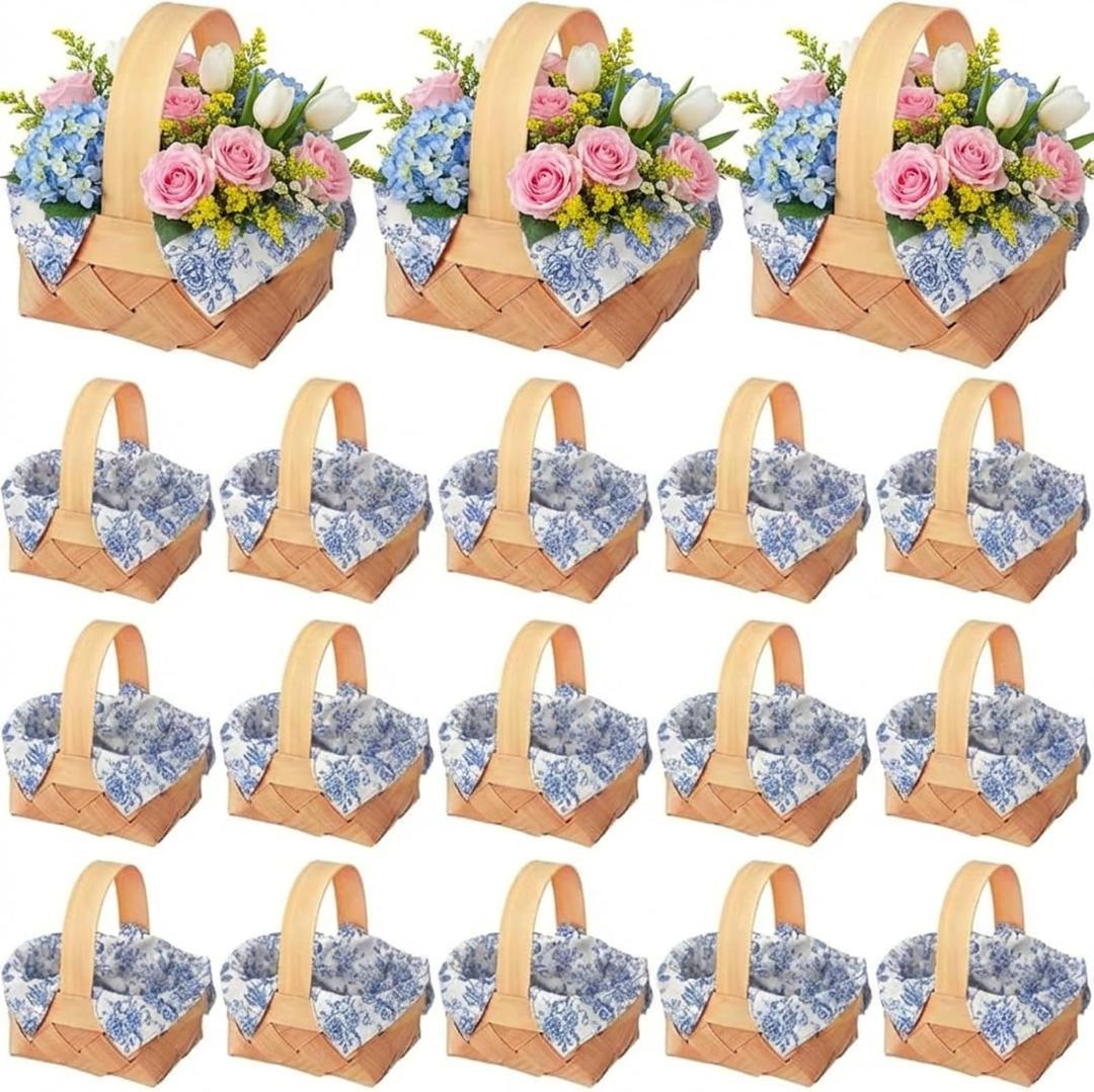 18 Pcs Blue Floral Mini Woven Basket with Handle 18 Sheet Blue Floral Napkin Wood Chip Mini Flower Fruit Picnic Basket Chip for Wedding Birthday Bridal Shower Baby Shower Favor Gift