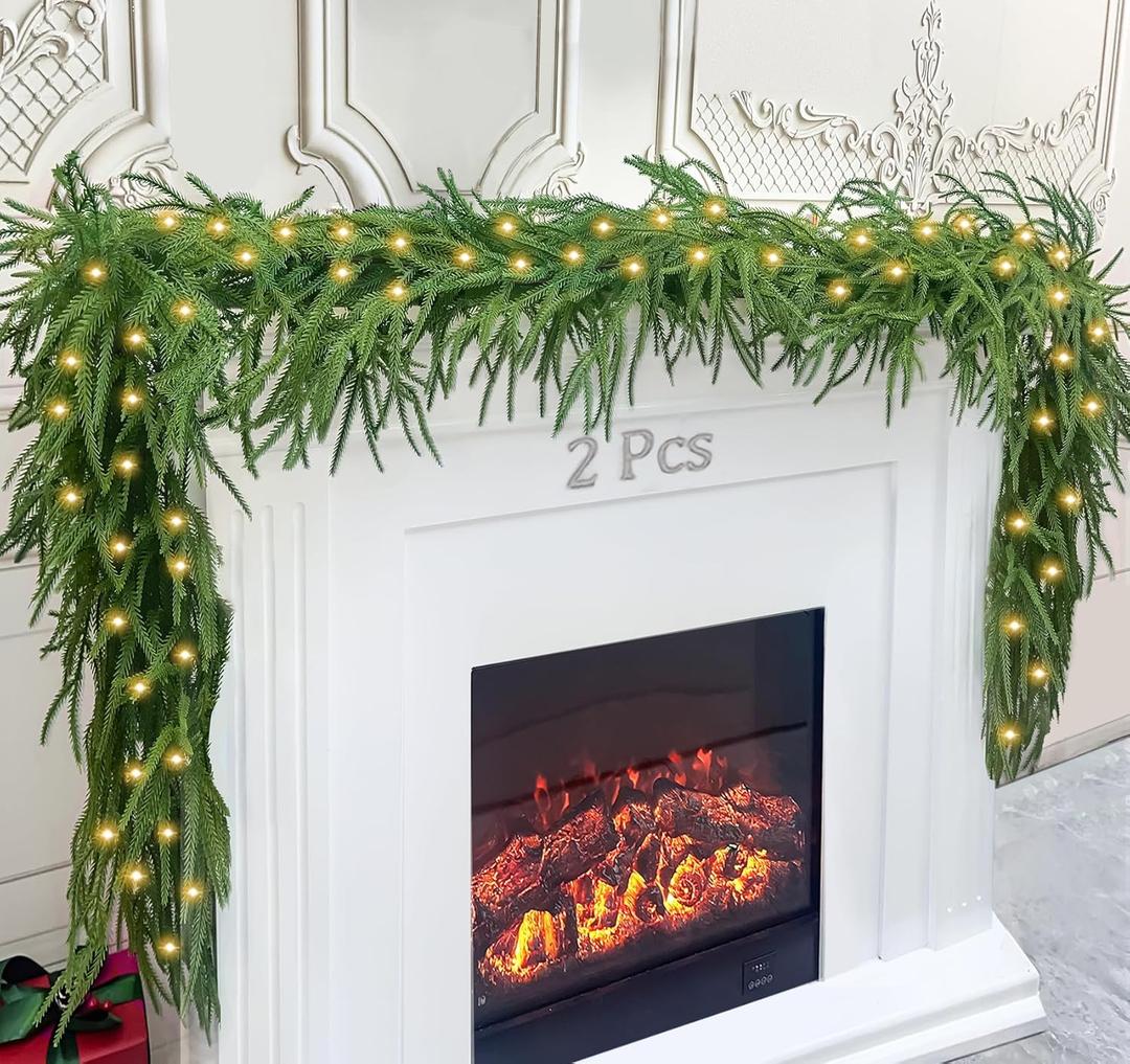2Pcs 6 Ft Artificial Norfolk Pine Garland with 50 LED Lights, Winter Pine Christmas Garland with Lights, Real Touch Faux Greenery Garland for Mantle Fireplace, Table,Window, Outdoor Christmas Decorations