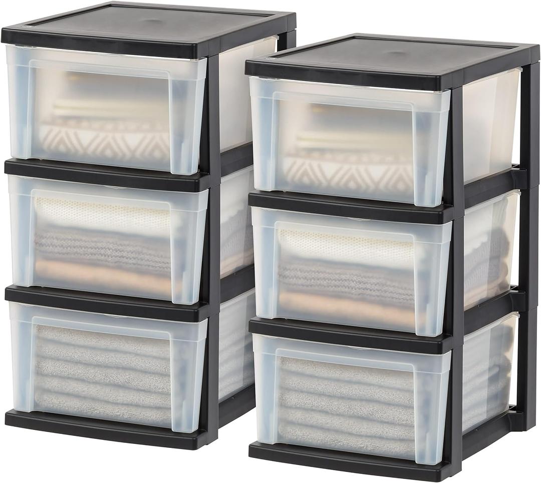 IRIS USA Plastic Drawer Storage Organizer, 3-Drawers, 2-Pack, for Classroom Art Craft Supplies, Dresser Closet, Bathroom Bedroom, Laundry Room, Black/Clear