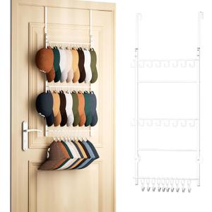 HapiRm Over Door Hat Rack - 3 Tier Wall Mounted Hat Organizer with 16 Hooks and 10 Movable Clips, Baseball Cap Organizer Storage Holds up to 26 Caps for Door, Bedroom, Closet USPTO Patent Pending (White)