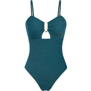 ZAFUL Women's One Piece Swimsuit Ribbed Open Back Bathing Suit Tummy Control Scoop Neck Adjustable Straps High Cut Swimwear (Medium, 2-peacock Blue)