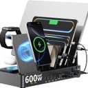 600w Charging Station for Multiple Devices, 15 in 1 Wireless Charging Station for Apple, Dual 100w USB C Tablet Charging Station for MacBook,iPhone,iPad,Tablet, Black