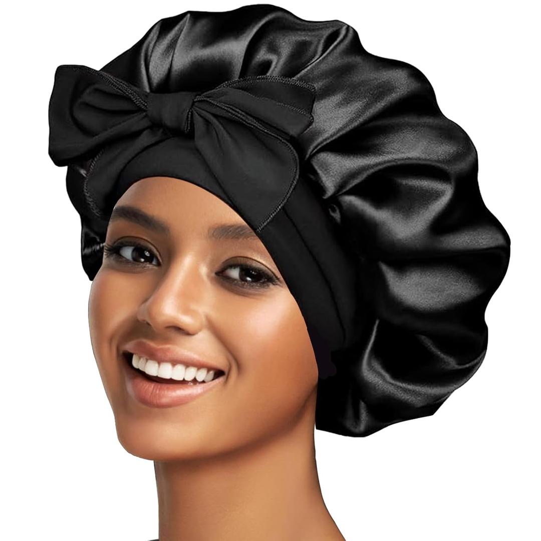 Silk Bonnet Satin Bonnet for Sleeping Large Bonnets with Tie Band Hair Wrap with Adjustable Straps Hair Cap for Women Curly Black