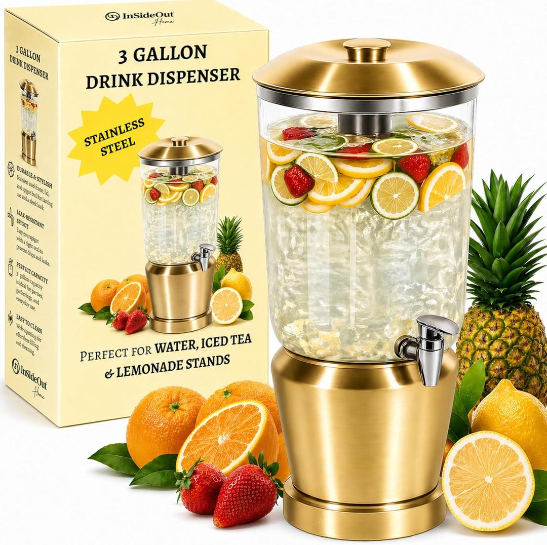 Drink Dispenser with Ice Chambers, Lemonade Tea Water Dispenser with Spigot, Stainless Steel Beverage Jar Jug, Perfect for Home Parties, Weddings, Gifts & Events (Gold, 3, Gallons)