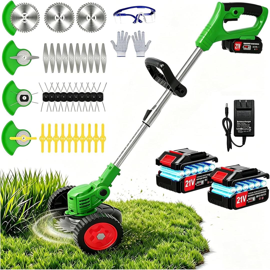 Electric Weed Wacker Cordless,21V Weed Eater Battery Powered,No String Trimmer Battery Operated Lawn Trimmer,3 In 1 Grass Trimmer/Brush Cutter/Lawn Edger,Lightweight Wheel Weed Trimmer for Garden Yard