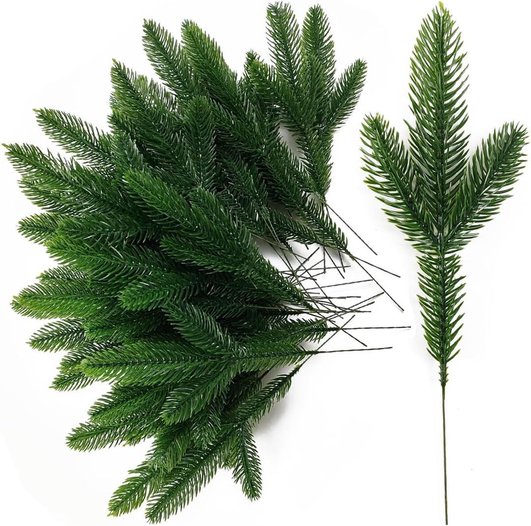 TIHOOD 25PCS 10 Inches Artificial Pine Branches Garland Green Plants Needles Fake Greenery Picks for DIY Wreath Christmas Embellishing and Home Garden Decoration