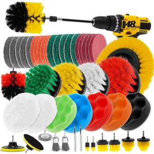 48 Pcs Drill Brush Attachments Set, Scrub Pads & Sponge & Wire Brush for Drill, Power Scrubber Brush with Extend Long Attachment, Drill Scrubber Brush Kit for Bathroom, Floor, Car, Grout