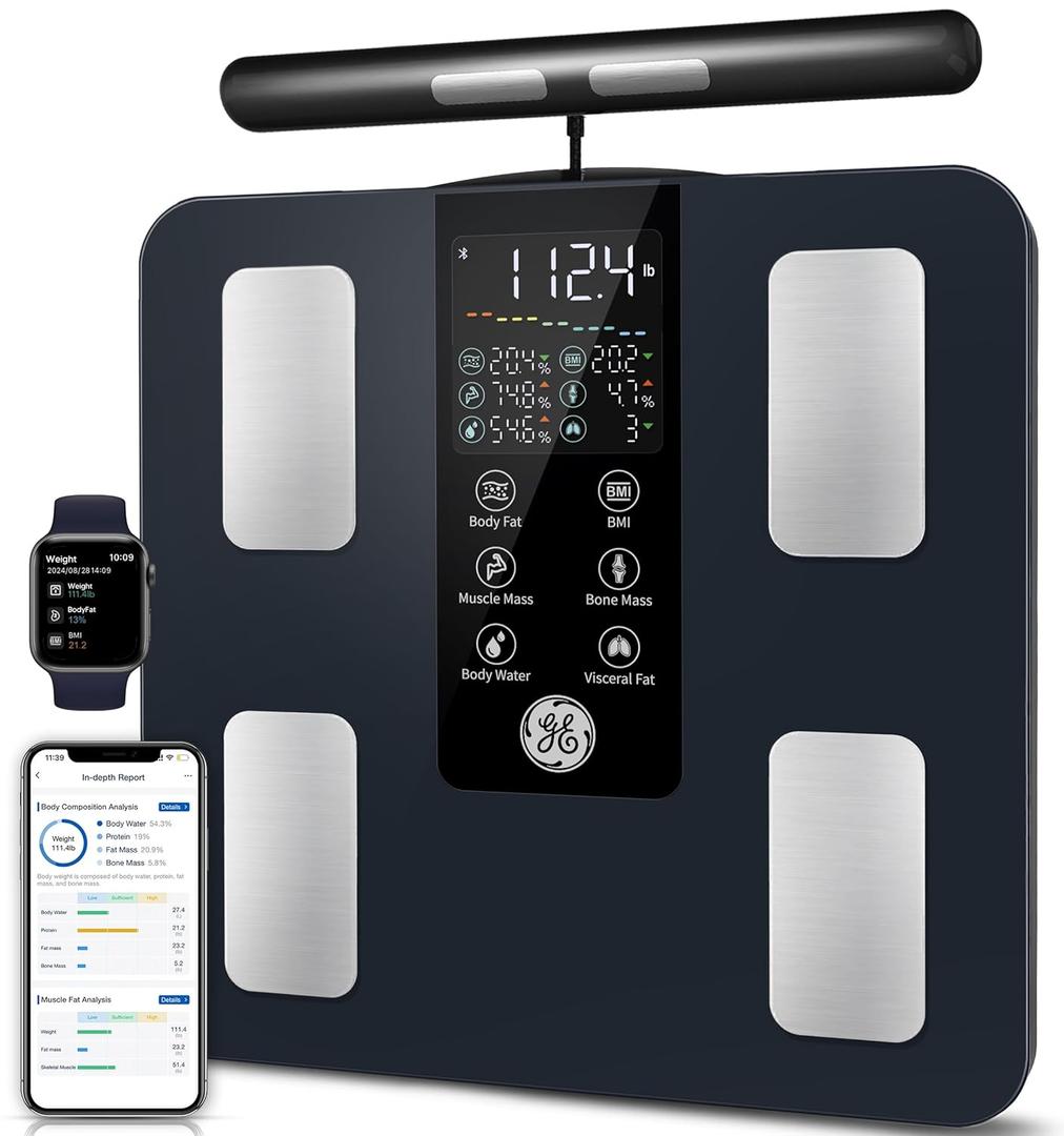 GE Smart Scale for Body Weight: 8-Electrode Digital Bathroom Scale for Weight Fat BMI Muscle Mass Full Body Composition Analyzer 27 Measurements Bluetooth Highly Accurate Weighing Machine, 400 lbs (Black)