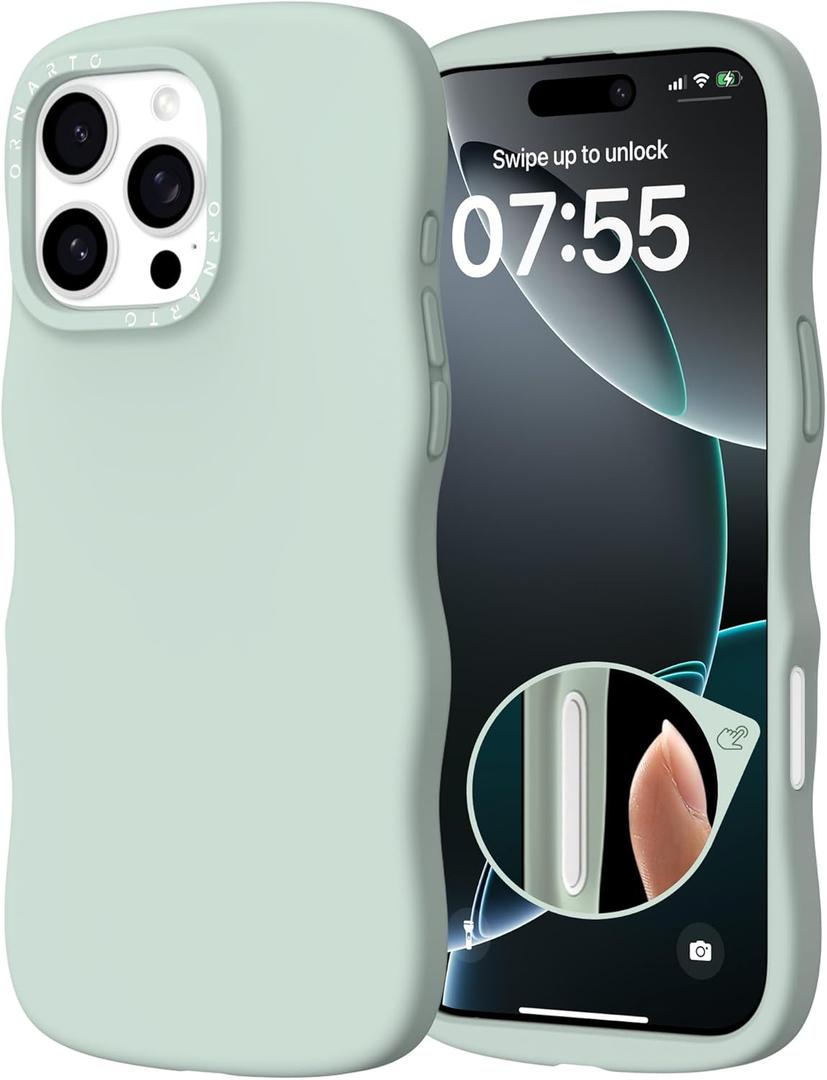 ORNARTO for iPhone 16 Pro Max Case 6.9"  Cute Curly Wave Edge | Camera Control Button | Shockproof Protective Liquid Silicone 16 Pro Max Phone Cover for Women Girls, Light Green