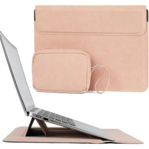 Allinside 13-14 Inch Laptop Sleeve Case for MacBook Pro 14" 2021-2026/MacBook Air 13" 2010-2017/MacBook Pro 13" 2010-2015, Waterproof PU Matte Leather Sleeve with Stand & Accessory Pouch, Pale Pink