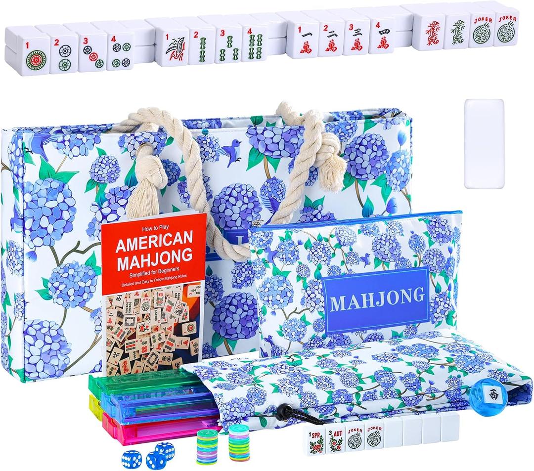 Mahjong Set Complete with Blue Carrying Bag, 166 White Mahjong Tiles1.2", 4 All-in-One Colorful Mahjong Racks with Pushers, Majiang Tile Set