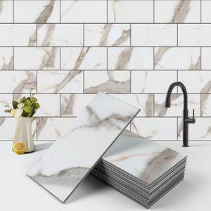 100-Piece Peel and Stick Backsplash, 3" x 6" Peel and Stick Wall Tiles PVC Subway Tile Stick on Backsplash for Kitchen Fireplace Bathroom (Distressed White Marble)
