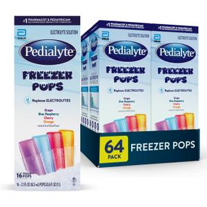 Pedialyte Electrolyte Solution Freezer Pops, Hydration Variety Pack Grape, Blue Raspberry, Cherry, Orange, Pack of 64, Best Buy: 10/01/2026