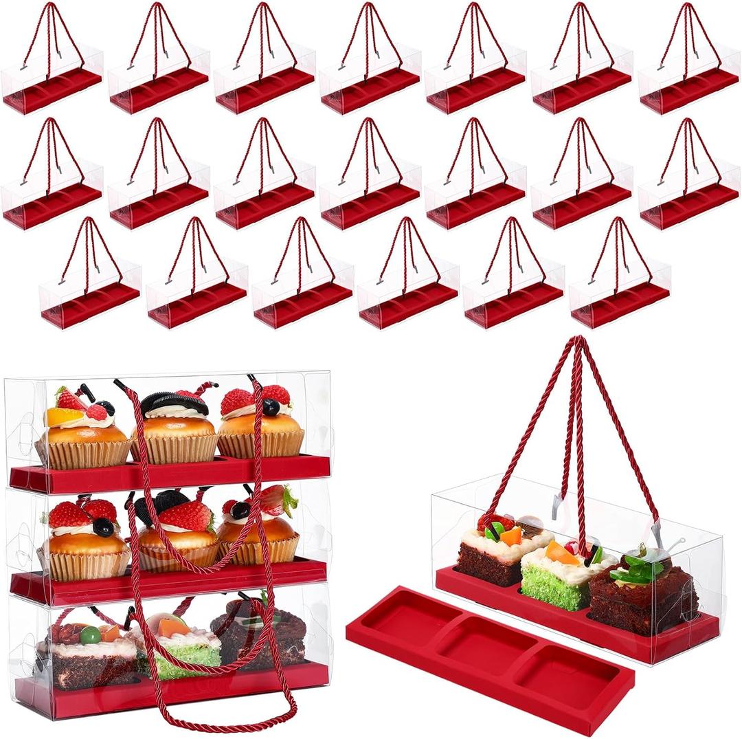 24 Pcs Clear Cupcake Boxes 9 x 3 x 3 Inch Portable Pastry Packaging Portable Gable Boxes with Rope Handle, Inserts 3 Compartments Bakery Take out Containers(Red)
