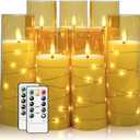 Flameless Candles,with Embedded Star String, Battery Operated Candles Flickering LED Pillar Candles with Remote Control and Timer, Home Decoration Add a Warm and Romantic Atmosphere，Set of 7 (Gold)