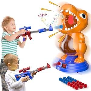 fygurso Movable Dinosaur Shooting Toys for Kids 5-7 with 2 Air Pump Gun, Target Shooting Games with LED Score Record, Light & Sound, 24 Foam Balls Competition Game Gift for Boys and Girls 3-5+ Years