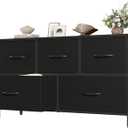 OLIXIS 5 Drawer Black Dresser for Bedroom, Closet Chest Organizer Furniture | TV Stand for Living Room Hallway, Wide Fabric Storage Tower with Wooden Top and Metal Frame